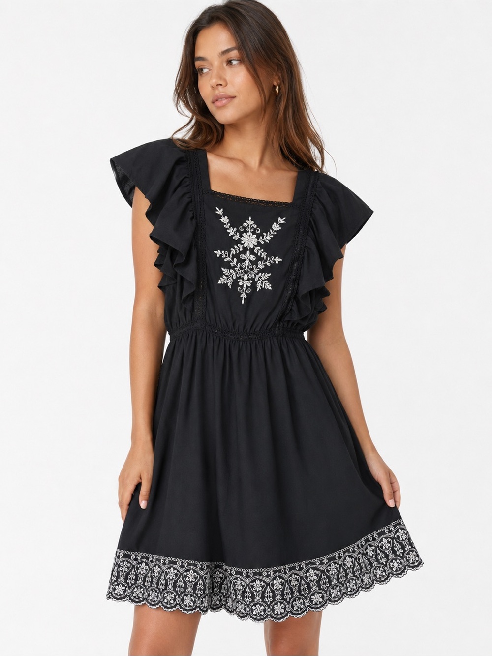 Old Navy‎ Black Embroidered Boho Mini Dress Flutter Sleeve Romantic Cottagecore